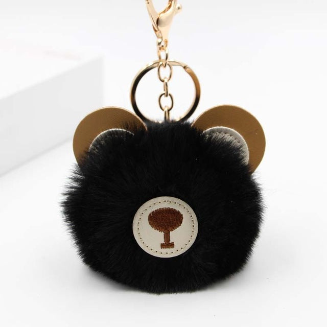 Fluffy Pom Pom Teddy Bear Keychain / Bag Charm Black