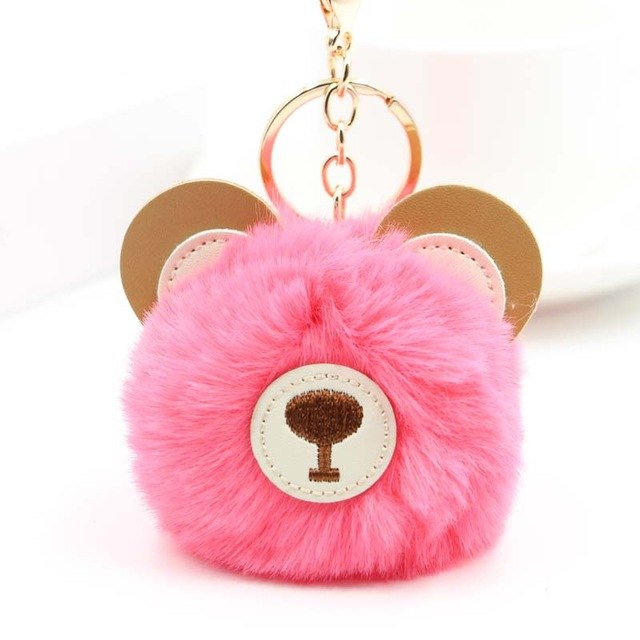 Fluffy Pom Pom Teddy Bear Keychain / Bag Charm Hot-Pink