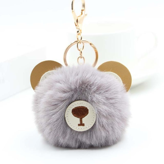 Fluffy Pom Pom Teddy Bear Keychain / Bag Charm Light-Gray