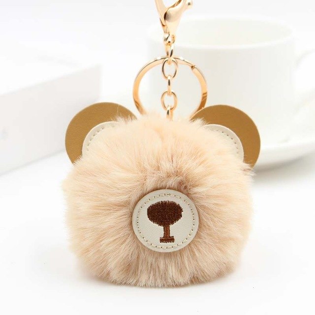 Fluffy Pom Pom Teddy Bear Keychain / Bag Charm Beige