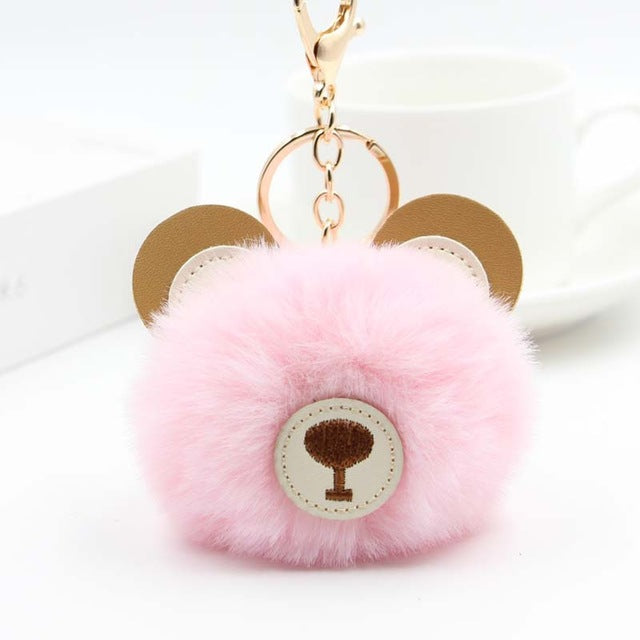 Fluffy Pom Pom Teddy Bear Keychain / Bag Charm Pink
