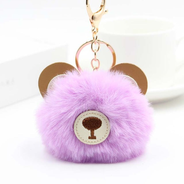 Fluffy Pom Pom Teddy Bear Keychain / Bag Charm Light-Purple