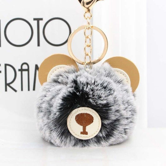 Fluffy Pom Pom Teddy Bear Keychain / Bag Charm Dark-Gray