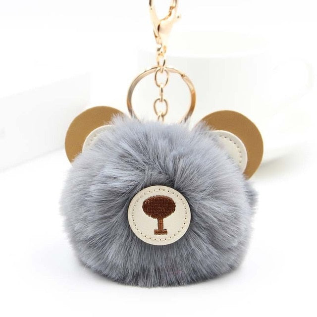Fluffy Pom Pom Teddy Bear Keychain / Bag Charm Gray