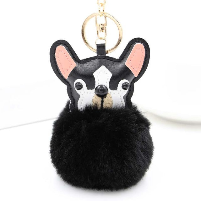 Fluffy Pom Pom French Bull Dog Keychain / Bag Charm Black
