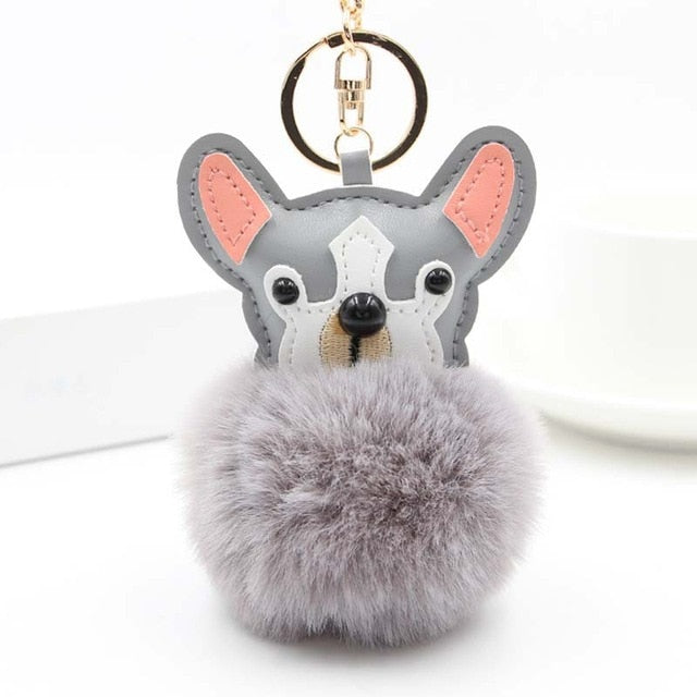 Fluffy Pom Pom French Bull Dog Keychain / Bag Charm Gray