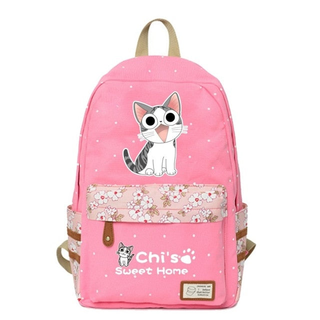 Chi's Anime Cat Backpack w/ Flowers (17&quot;) Style 1 / Pink