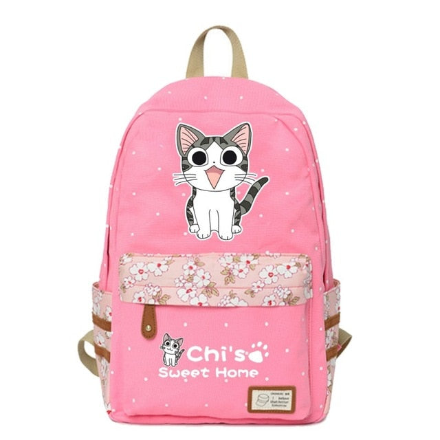 Chi's Anime Cat Backpack w/ Flowers (17&quot;) Style 2 / Pink